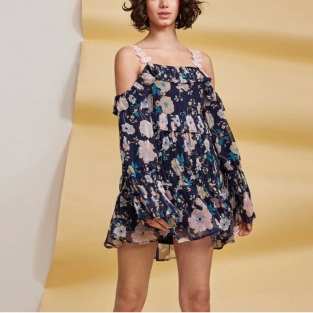 Foxiedox Anthropologie Brylee Blue Cold Shoulder Mini Dress
